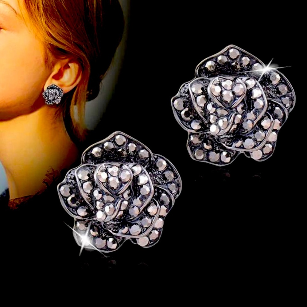 Cubic Zirconia Rose Earrings in Silver / Dark Grey